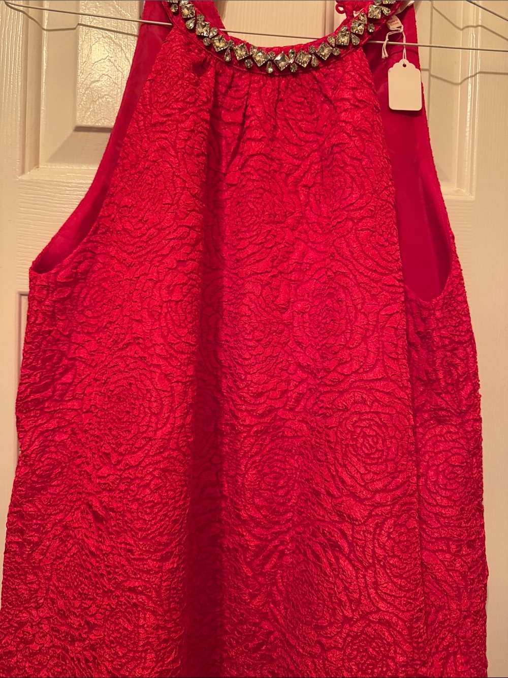 Embellished Neck Red Textured Ruffle Dress - Picture 6 of 6